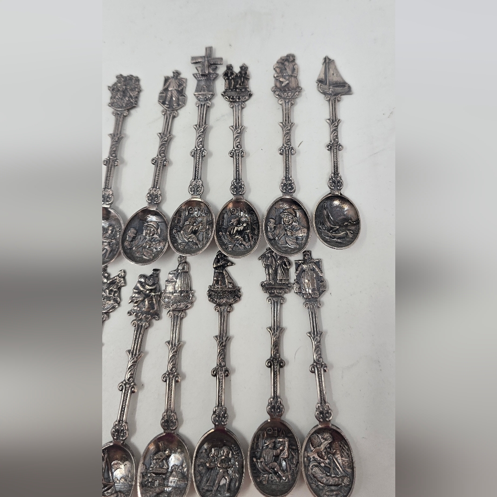 Vtg Holland Dutch demitasse mini spoons stamped novelty ornate figural set of 12 - Picture 2 of 10